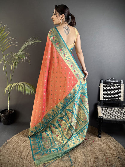 Elora Coral Pink Soft Silk Intricate Motifs Zari Weaving Banarasi Saree With Contrast Weaving Border