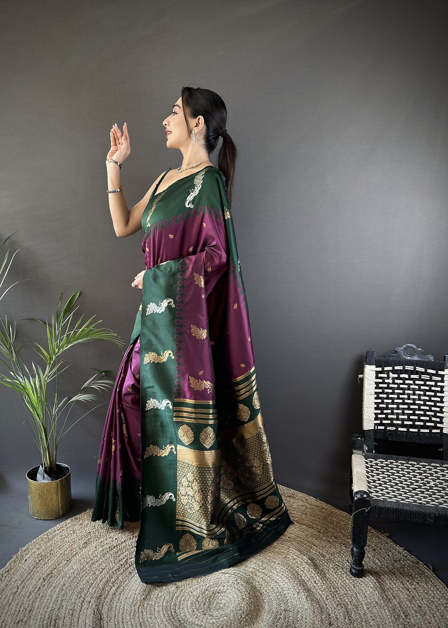 Elora Plum Soft Silk Butti Zari Weaving Banarasi Saree