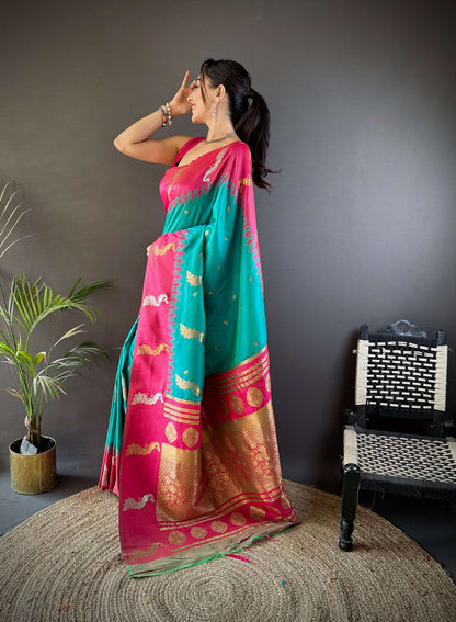 Elora Teal Soft Silk Butti Zari Weaving Banarasi Saree