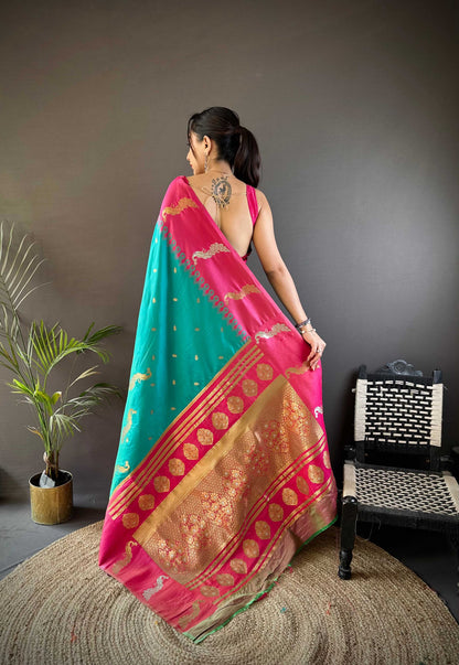 Elora Teal Soft Silk Butti Zari Weaving Banarasi Saree