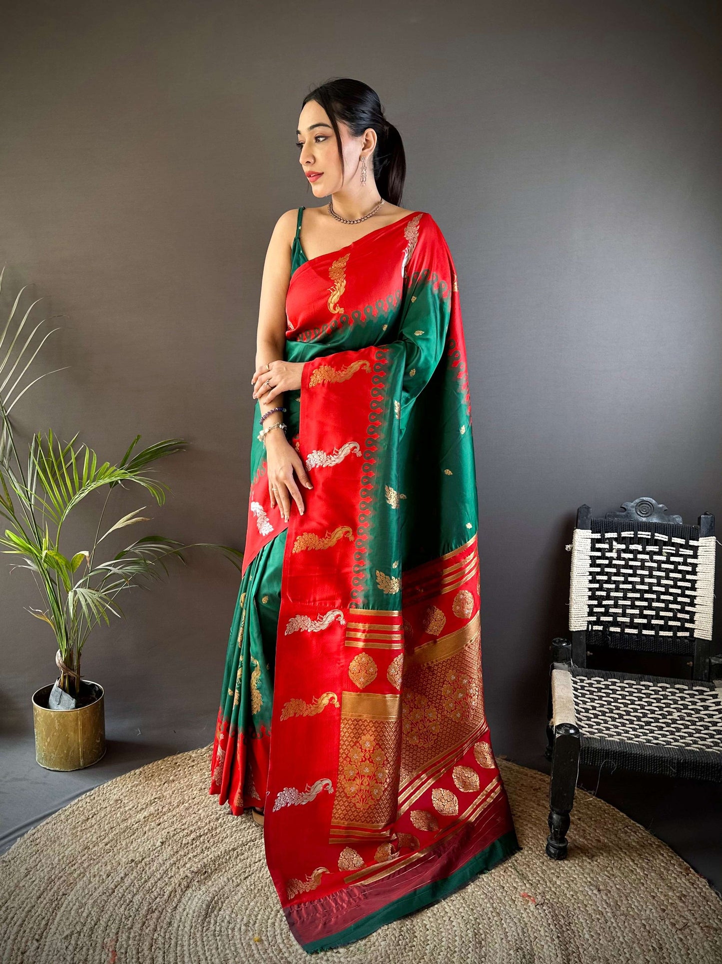 Elora Dark Green Soft Silk Butti Zari Weaving Banarasi Saree