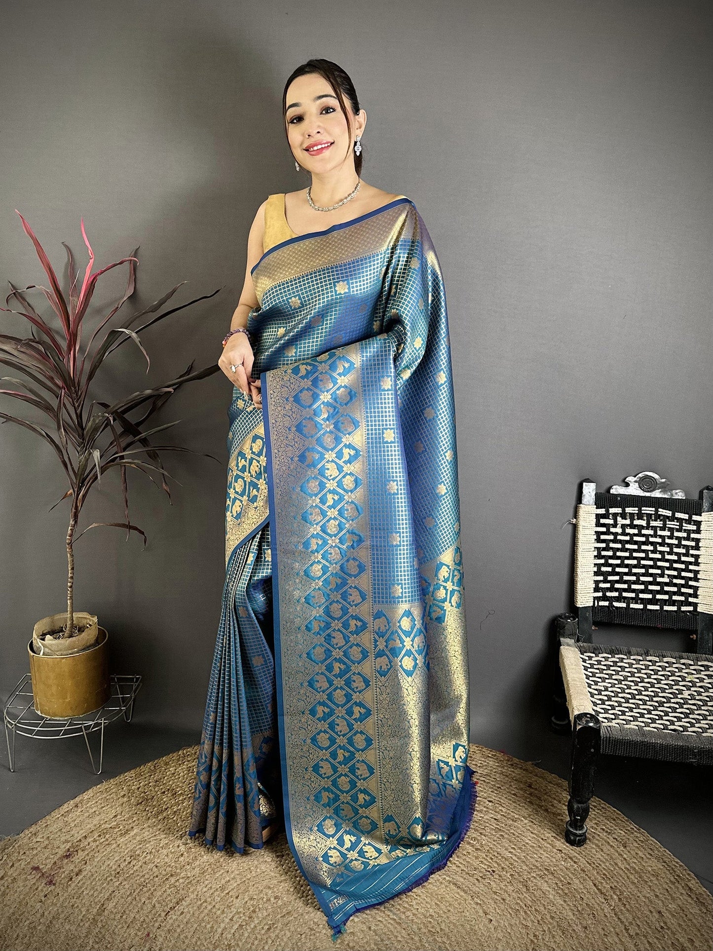 Elora Blue Banarasi Soft Silk Checked Body With Floral Motifs South Pattu Saree