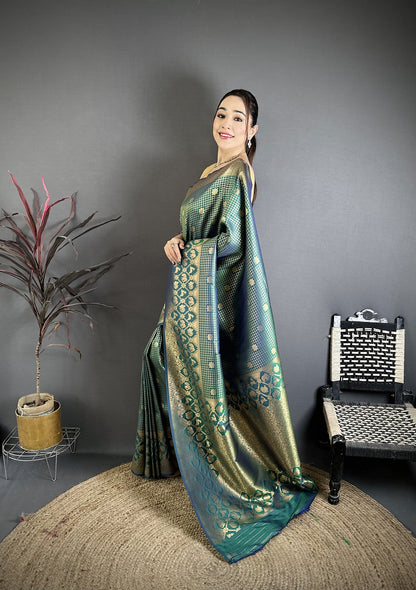 Elora Rama Green Banarasi Soft Silk Checked Body With Floral Motifs South Pattu Saree