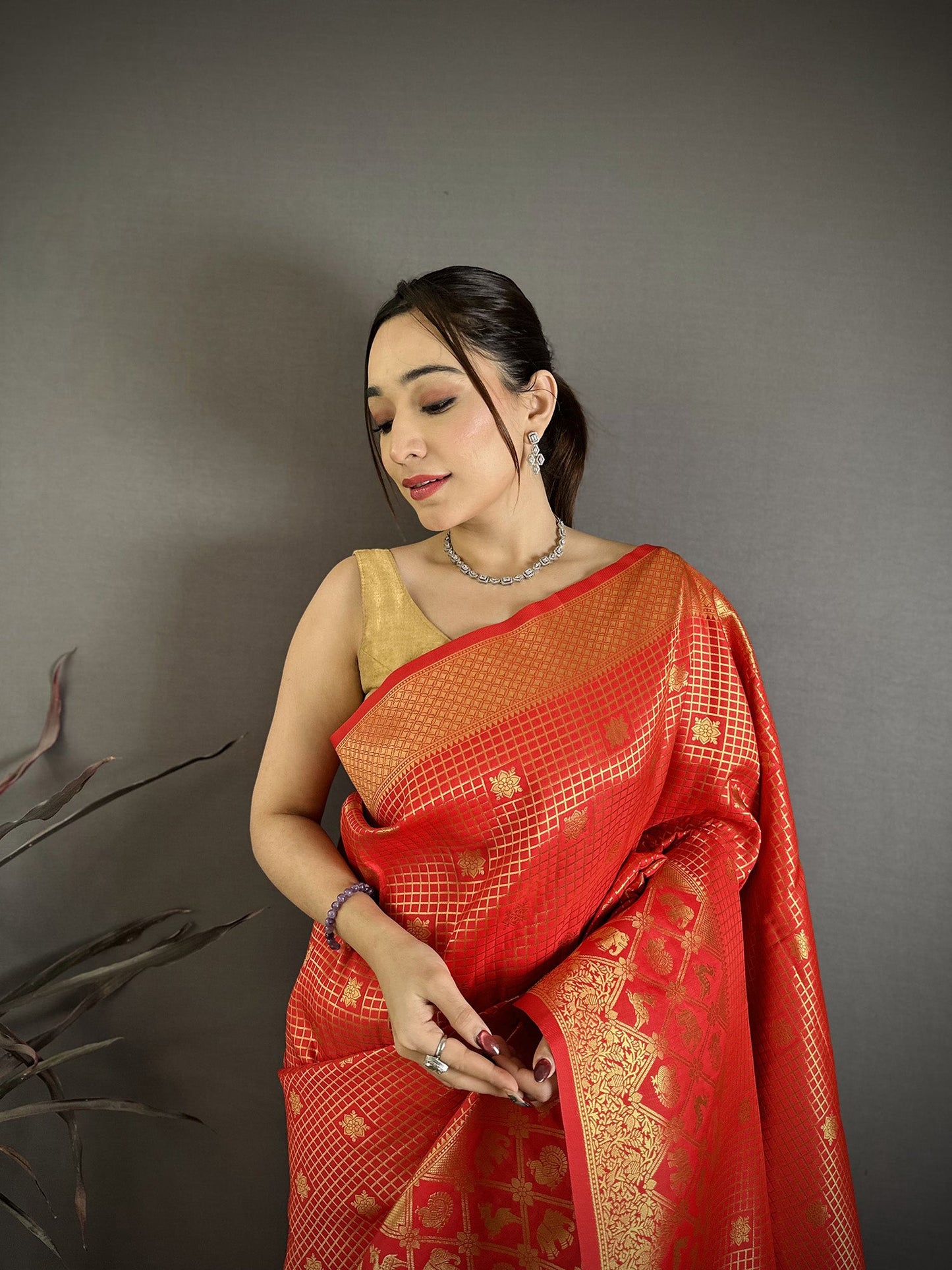 Elora Red Banarasi Soft Silk Checked Body With Floral Motifs South Pattu Saree