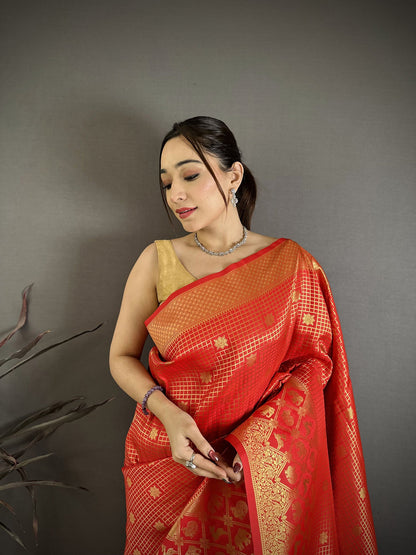 Elora Red Banarasi Soft Silk Checked Body With Floral Motifs South Pattu Saree