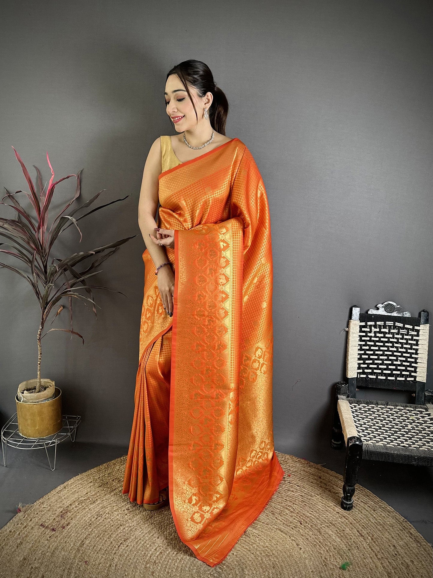 Elora Orange Banarasi Soft Silk Checked Body With Floral Motifs South Pattu Saree