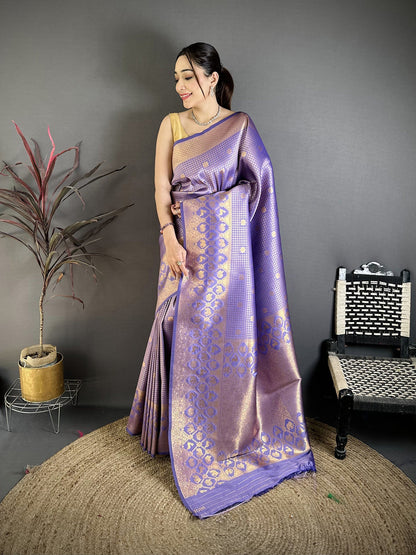 Elora Lavender Banarasi Soft Silk Checked Body With Floral Motifs South Pattu Saree