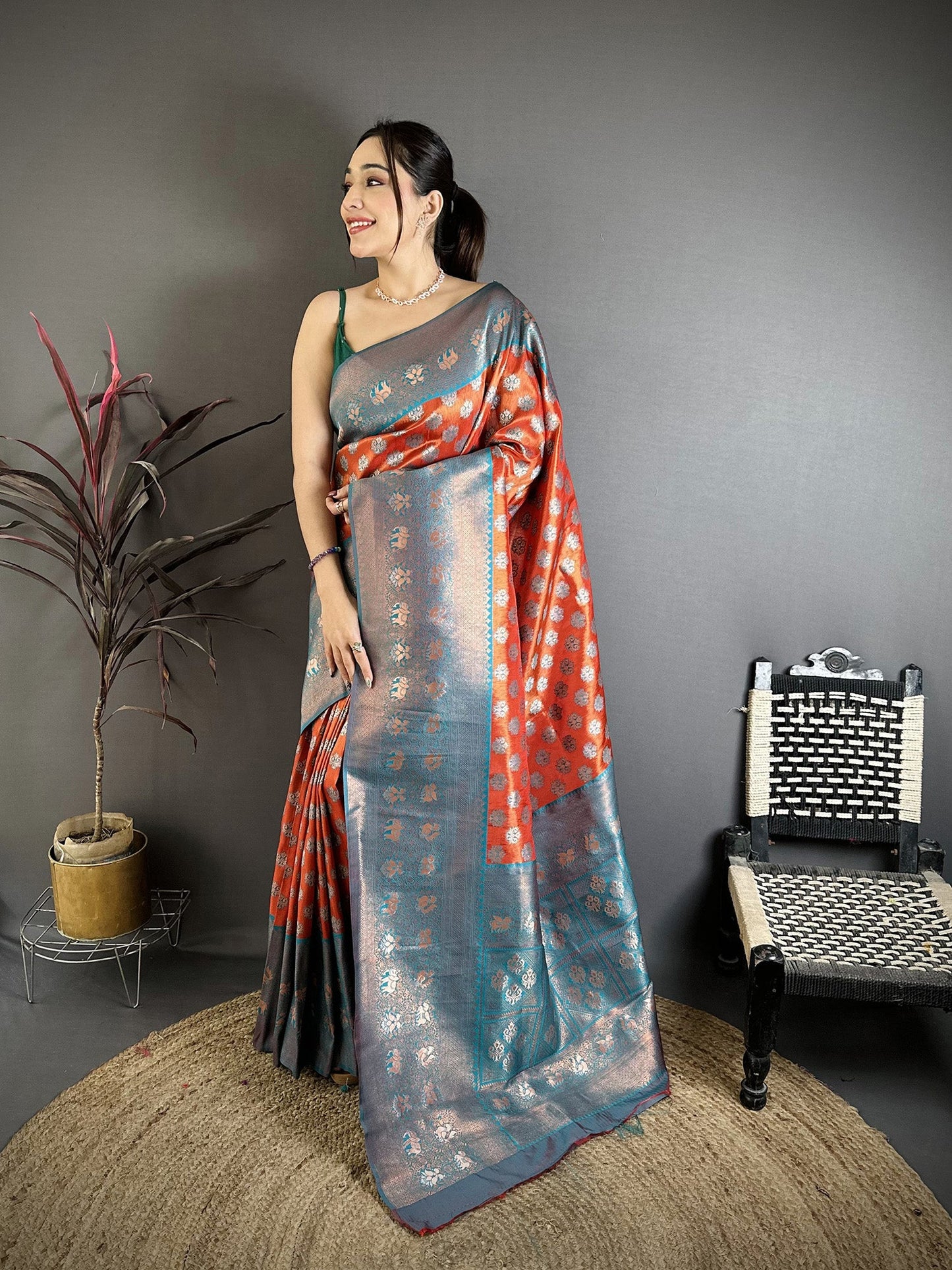 Elora Orange Tissue Silk Floral Pattern With Copper Motifs Banarasi Saree