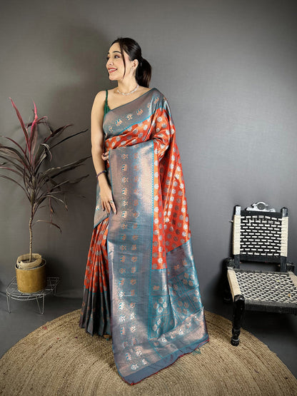 Elora Orange Tissue Silk Floral Pattern With Copper Motifs Banarasi Saree