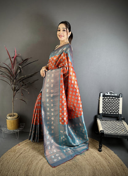 Elora Orange Tissue Silk Floral Pattern With Copper Motifs Banarasi Saree