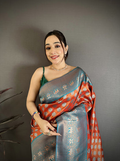 Elora Orange Tissue Silk Floral Pattern With Copper Motifs Banarasi Saree