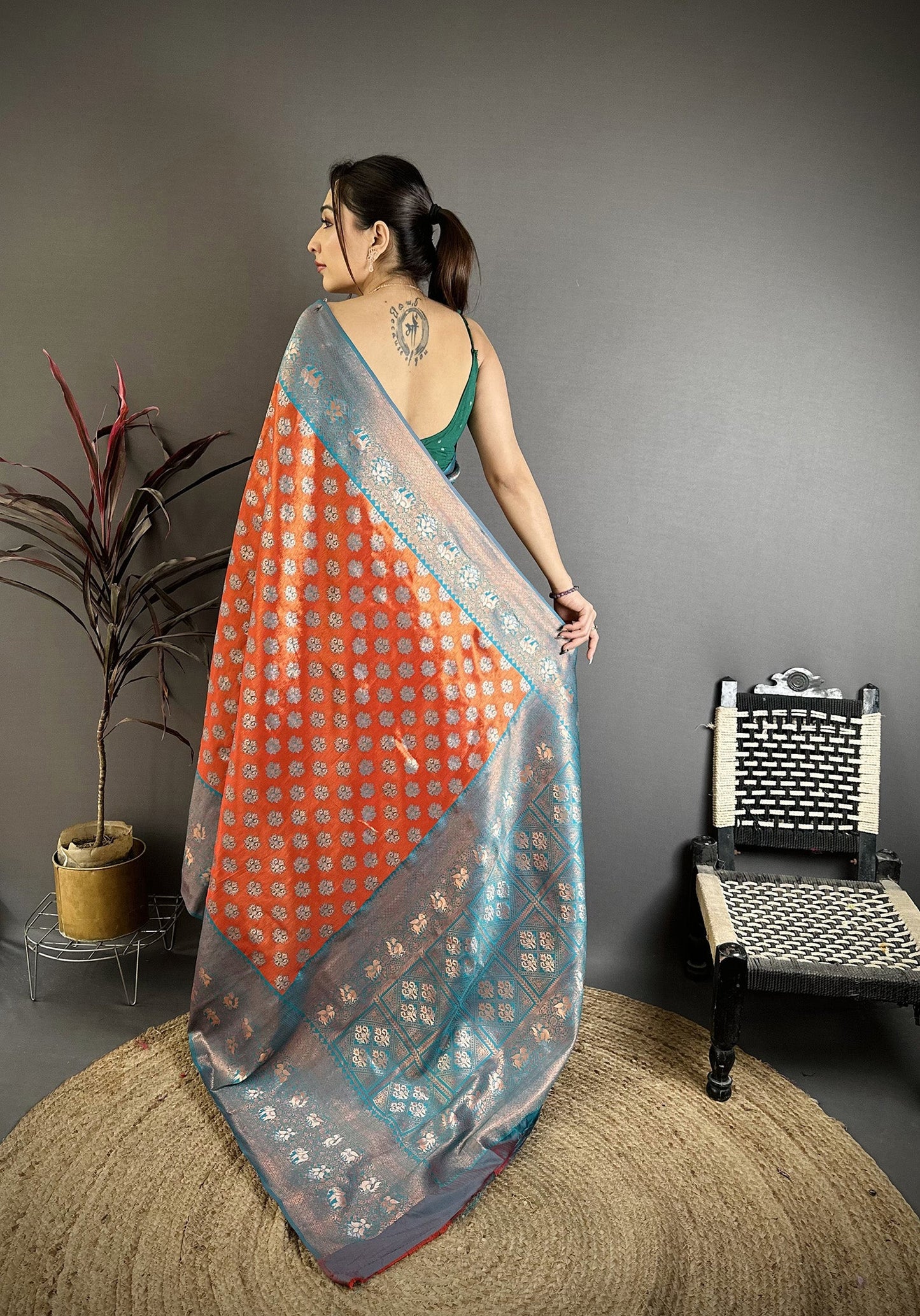 Elora Orange Tissue Silk Floral Pattern With Copper Motifs Banarasi Saree