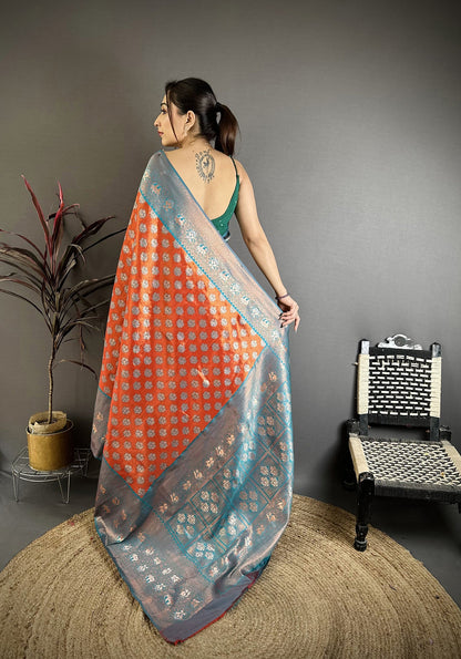 Elora Orange Tissue Silk Floral Pattern With Copper Motifs Banarasi Saree