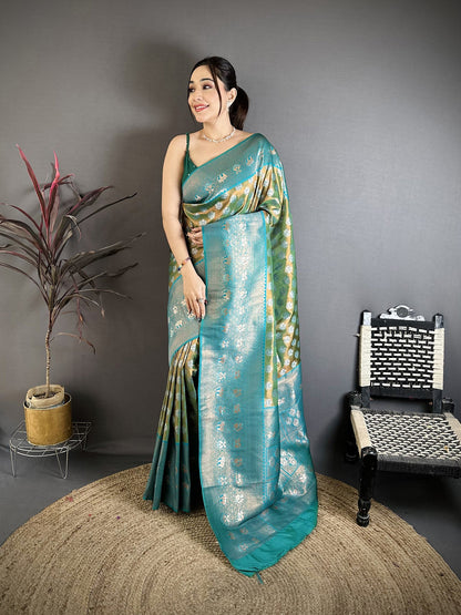Elora Teal Green Tissue Silk Floral Pattern With Copper Motifs Banarasi Saree