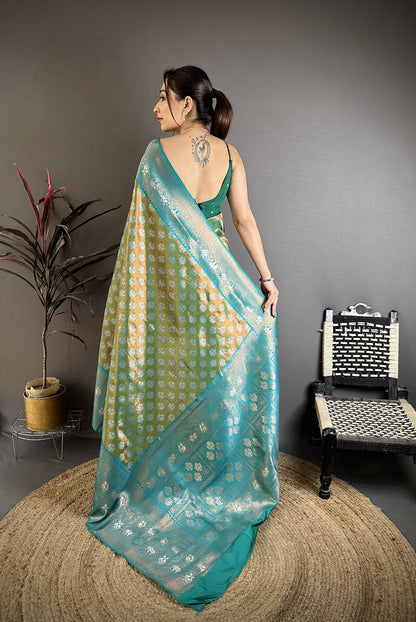 Elora Teal Green Tissue Silk Floral Pattern With Copper Motifs Banarasi Saree