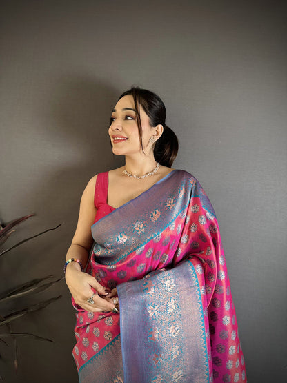 Elora Pink Tissue Silk Floral Pattern With Copper Motifs Banarasi Saree