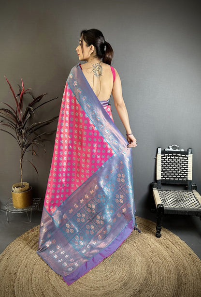 Elora Pink Tissue Silk Floral Pattern With Copper Motifs Banarasi Saree
