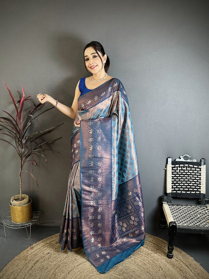 Elora Blue Tissue Silk Floral Pattern With Copper Motifs Banarasi Saree