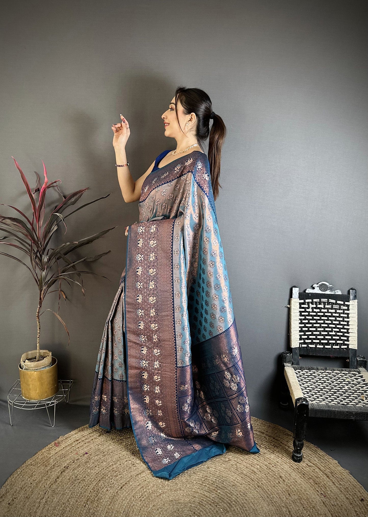 Elora Blue Tissue Silk Floral Pattern With Copper Motifs Banarasi Saree