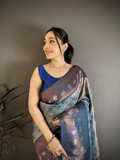 Elora Blue Tissue Silk Floral Pattern With Copper Motifs Banarasi Saree