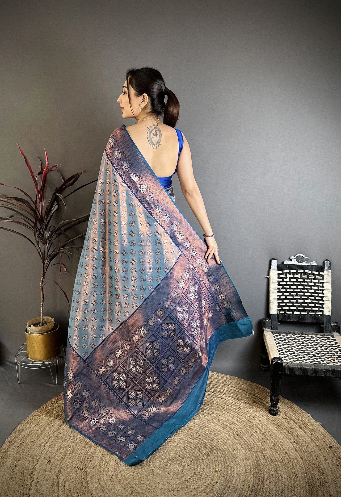 Elora Blue Tissue Silk Floral Pattern With Copper Motifs Banarasi Saree
