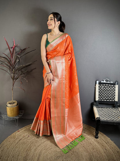 Elora Orange Banarasi Silk Intricate Zari Weaving Kanjivaram Sarees