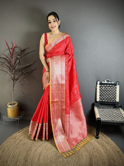 Elora Red Banarasi Silk Checked Pattern Kanjivaram Sarees