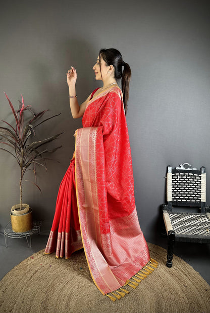 Elora Red Banarasi Silk Checked Pattern Kanjivaram Sarees