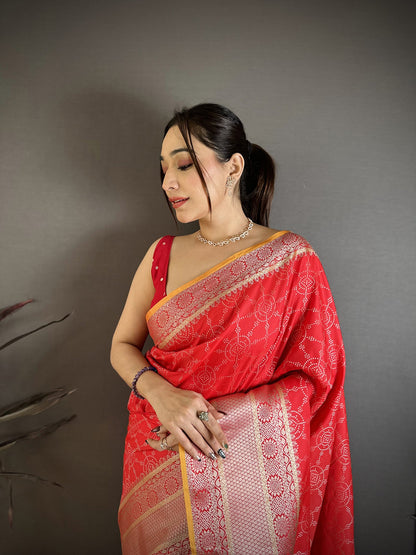 Elora Red Banarasi Silk Checked Pattern Kanjivaram Sarees