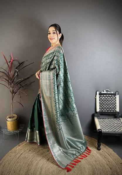 Elora Green Banarasi Silk Zari Woven Ethnic Motifs Kanjivaram Sarees