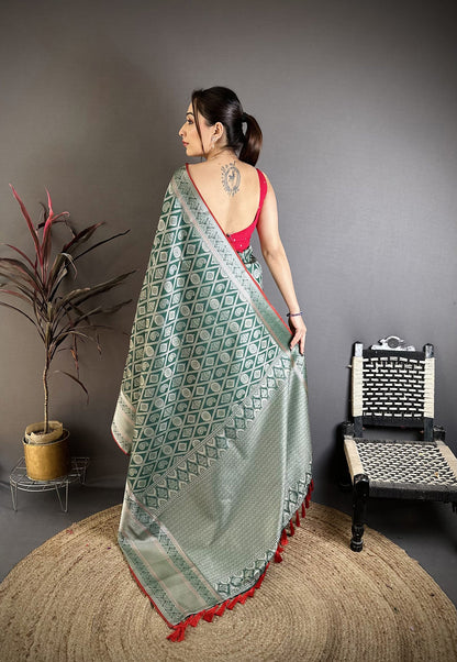 Elora Green Banarasi Silk Zari Woven Ethnic Motifs Kanjivaram Sarees