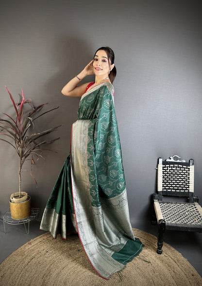 Elora Dark Green Banarasi Silk Ajrakh Print Kanjivaram Sarees