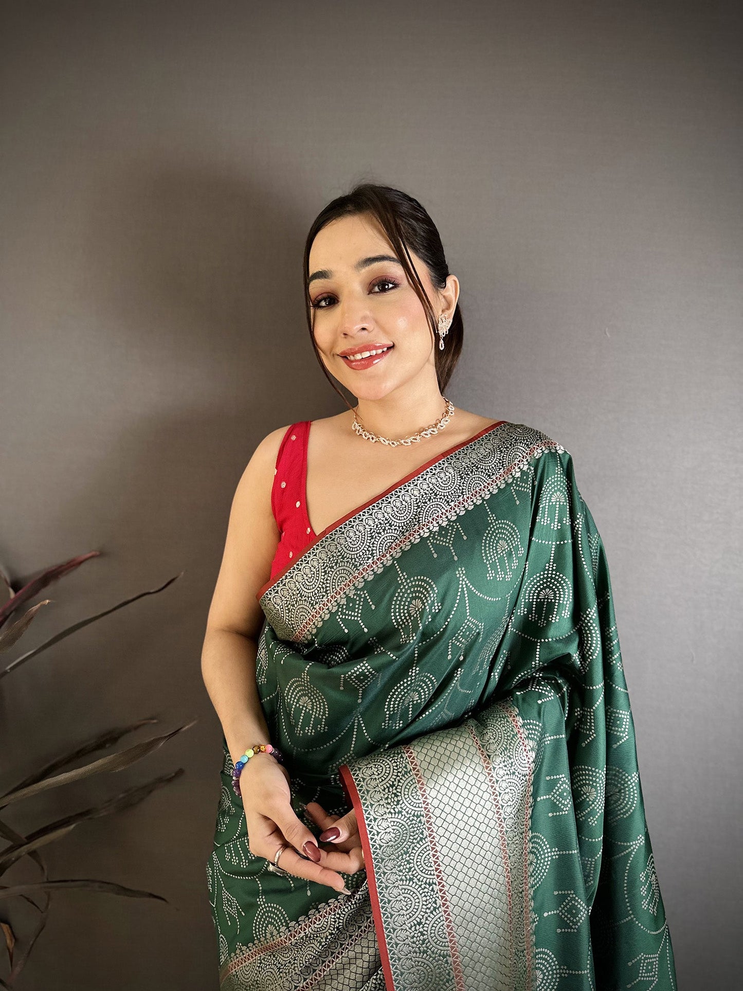 Elora Dark Green Banarasi Silk Ajrakh Print Kanjivaram Sarees