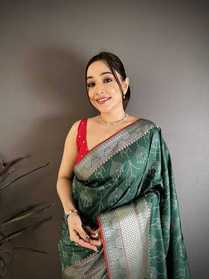 Elora Dark Green Banarasi Silk Ajrakh Print Kanjivaram Sarees