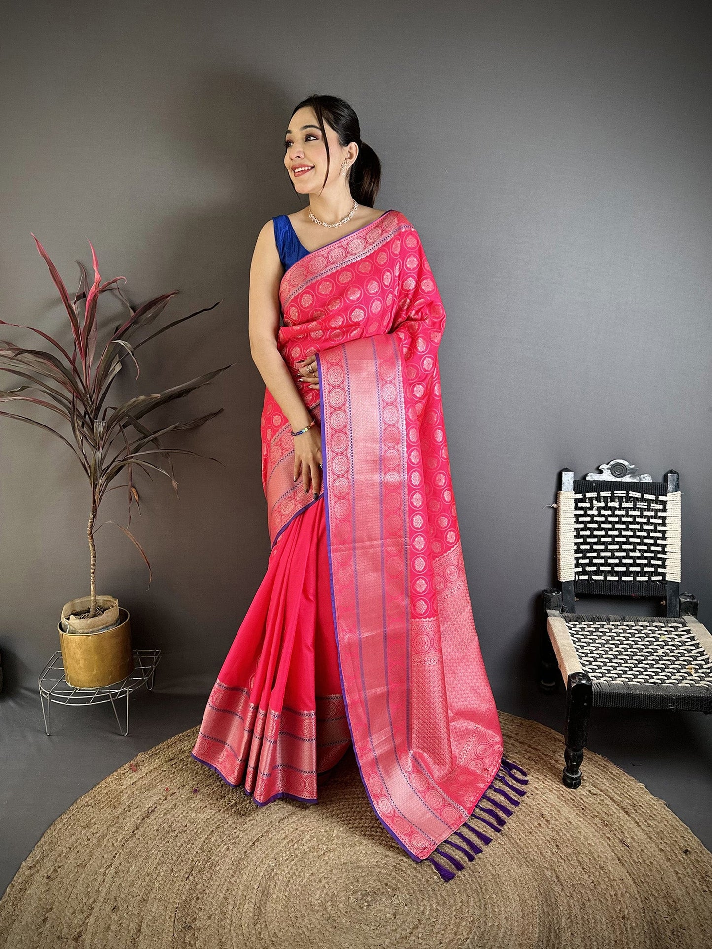 Elora Rani Pink Banarasi Silk Woven Design Kanjivaram Sarees
