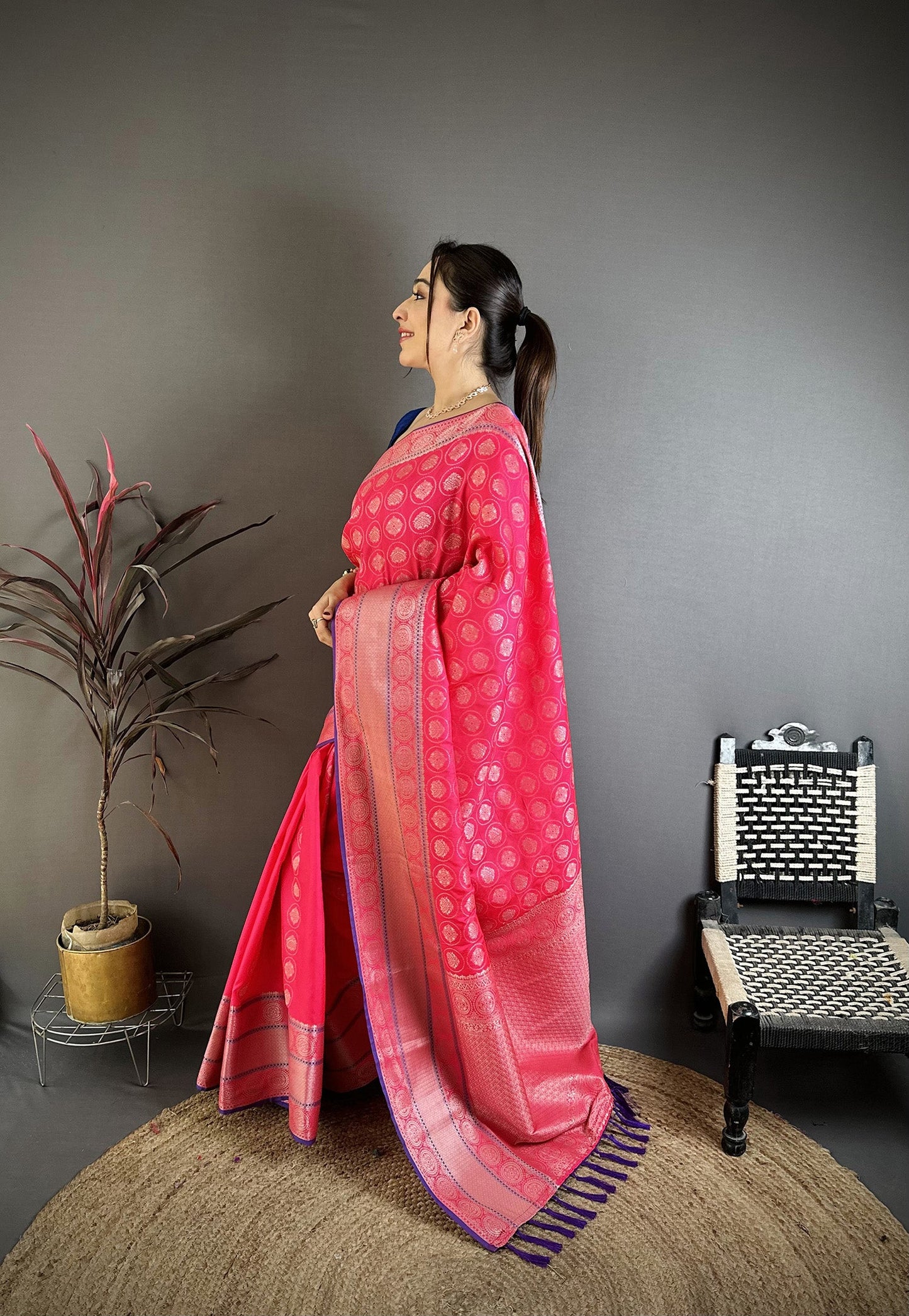 Elora Rani Pink Banarasi Silk Woven Design Kanjivaram Sarees