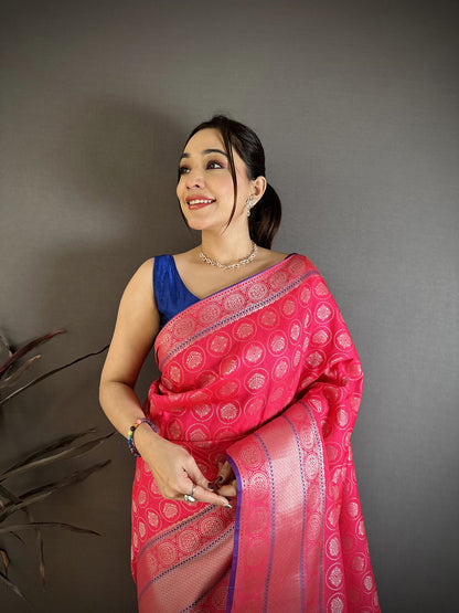 Elora Rani Pink Banarasi Silk Woven Design Kanjivaram Sarees