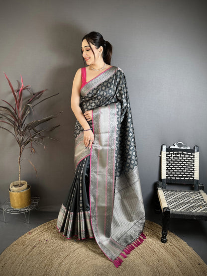 Elora Black Banarasi Silk Geometric Butta Kanjivaram Sarees
