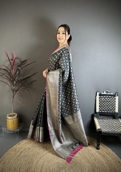Elora Black Banarasi Silk Geometric Butta Kanjivaram Sarees