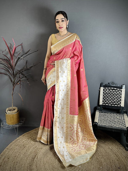 Elora Pink Soft Silk Small Floral Zari Butti Gold Zari Weaving Banarasi Saree