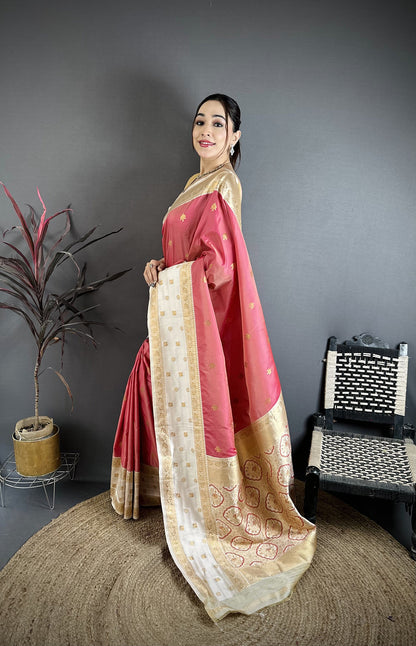 Elora Pink Soft Silk Small Floral Zari Butti Gold Zari Weaving Banarasi Saree