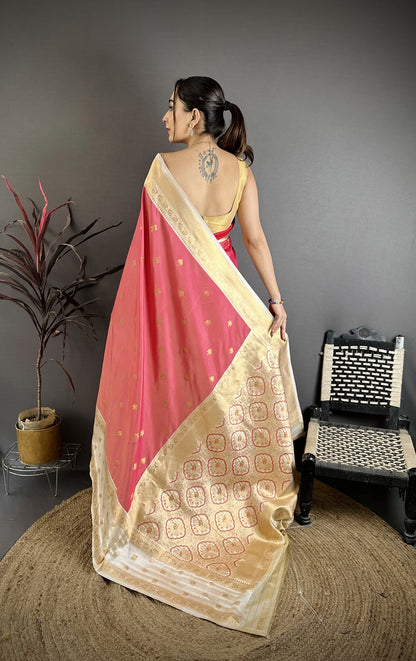 Elora Pink Soft Silk Small Floral Zari Butti Gold Zari Weaving Banarasi Saree