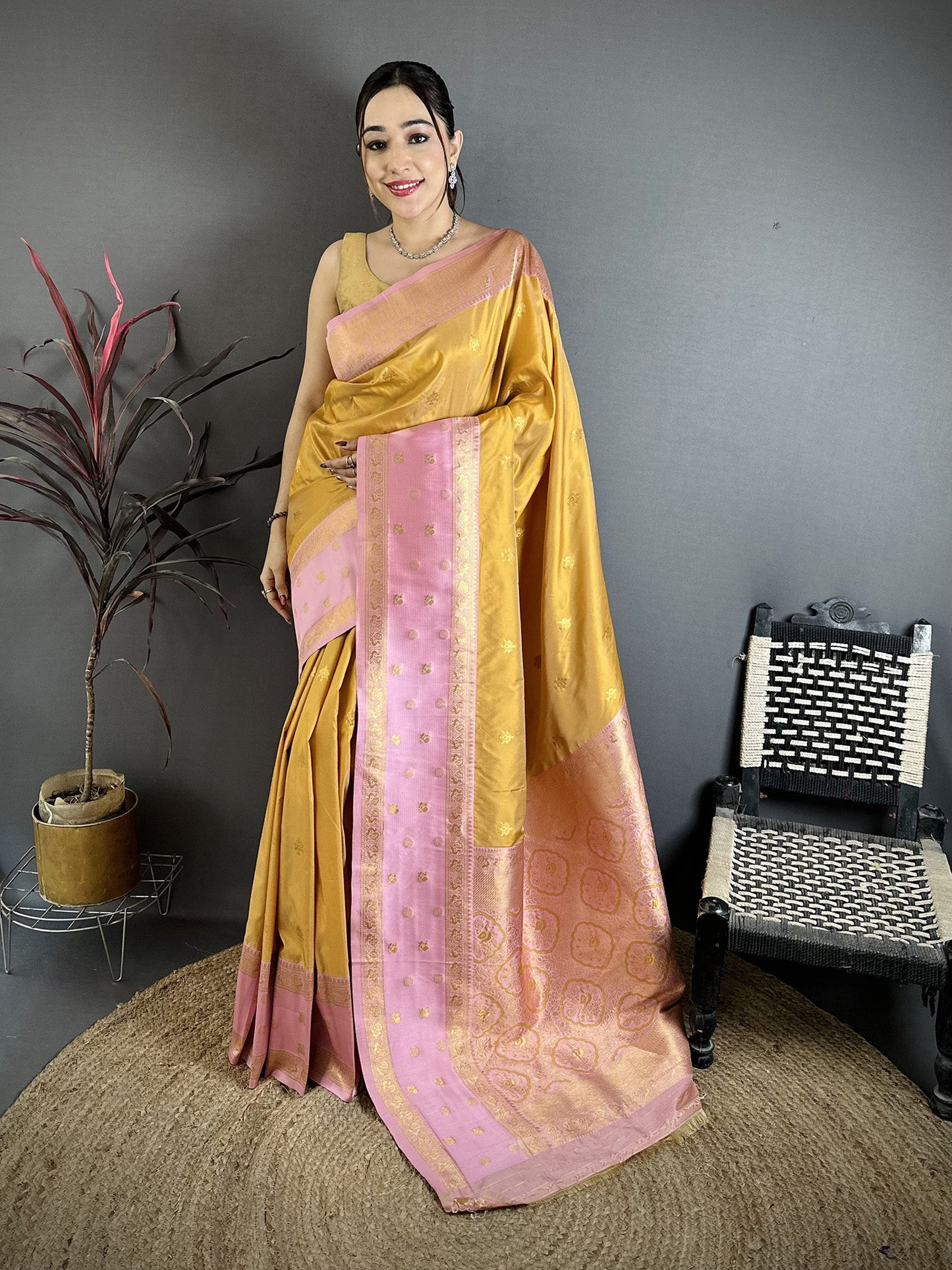 Elora Mustard Yellow Soft Silk Small Floral Zari Butti Gold Zari Weaving Banarasi Saree