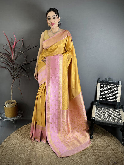 Elora Mustard Yellow Soft Silk Small Floral Zari Butti Gold Zari Weaving Banarasi Saree