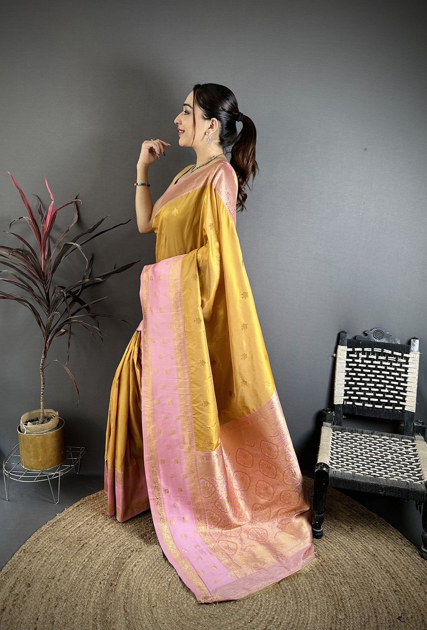 Elora Mustard Yellow Soft Silk Small Floral Zari Butti Gold Zari Weaving Banarasi Saree