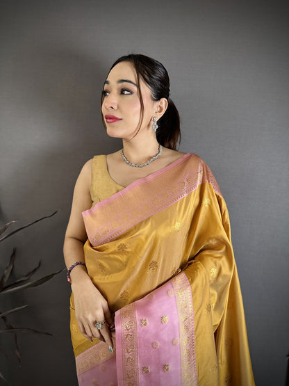 Elora Mustard Yellow Soft Silk Small Floral Zari Butti Gold Zari Weaving Banarasi Saree