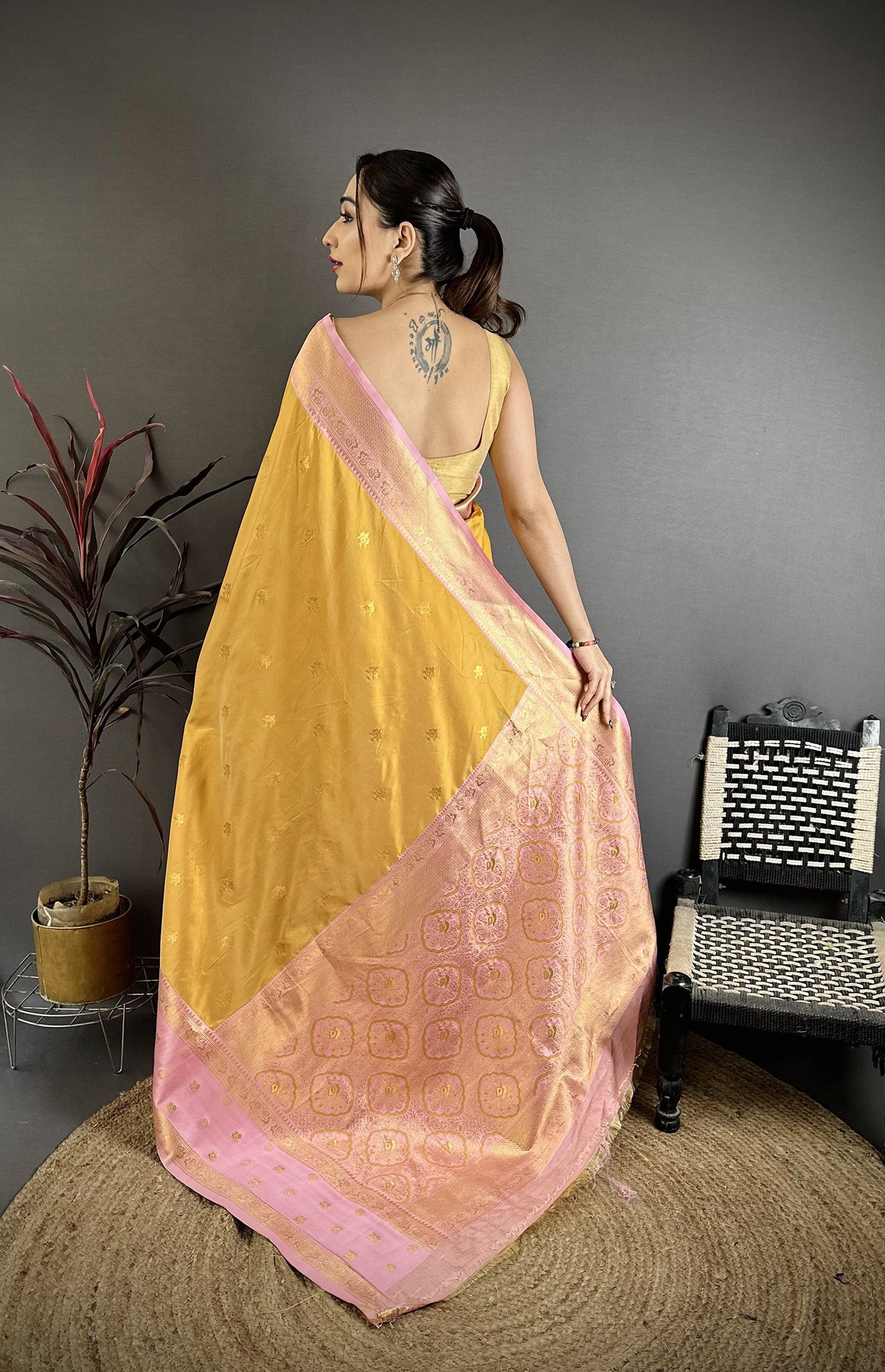 Elora Mustard Yellow Soft Silk Small Floral Zari Butti Gold Zari Weaving Banarasi Saree