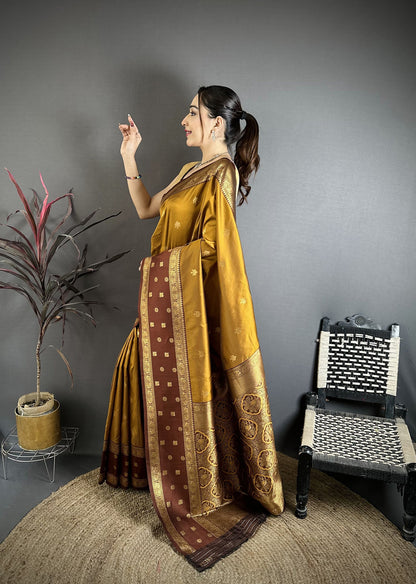 Elora Golden Bronze Soft Silk Small Floral Zari Butti Gold Zari Weaving Banarasi Saree
