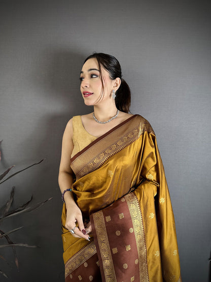 Elora Golden Bronze Soft Silk Small Floral Zari Butti Gold Zari Weaving Banarasi Saree