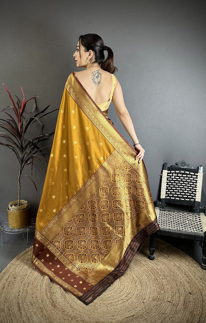 Elora Golden Bronze Soft Silk Small Floral Zari Butti Gold Zari Weaving Banarasi Saree